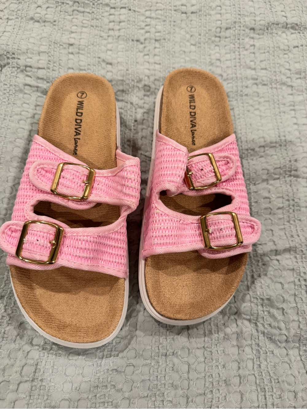 Wild Diva Pink Double-Buckle Slide Sandals with Gold Buckles